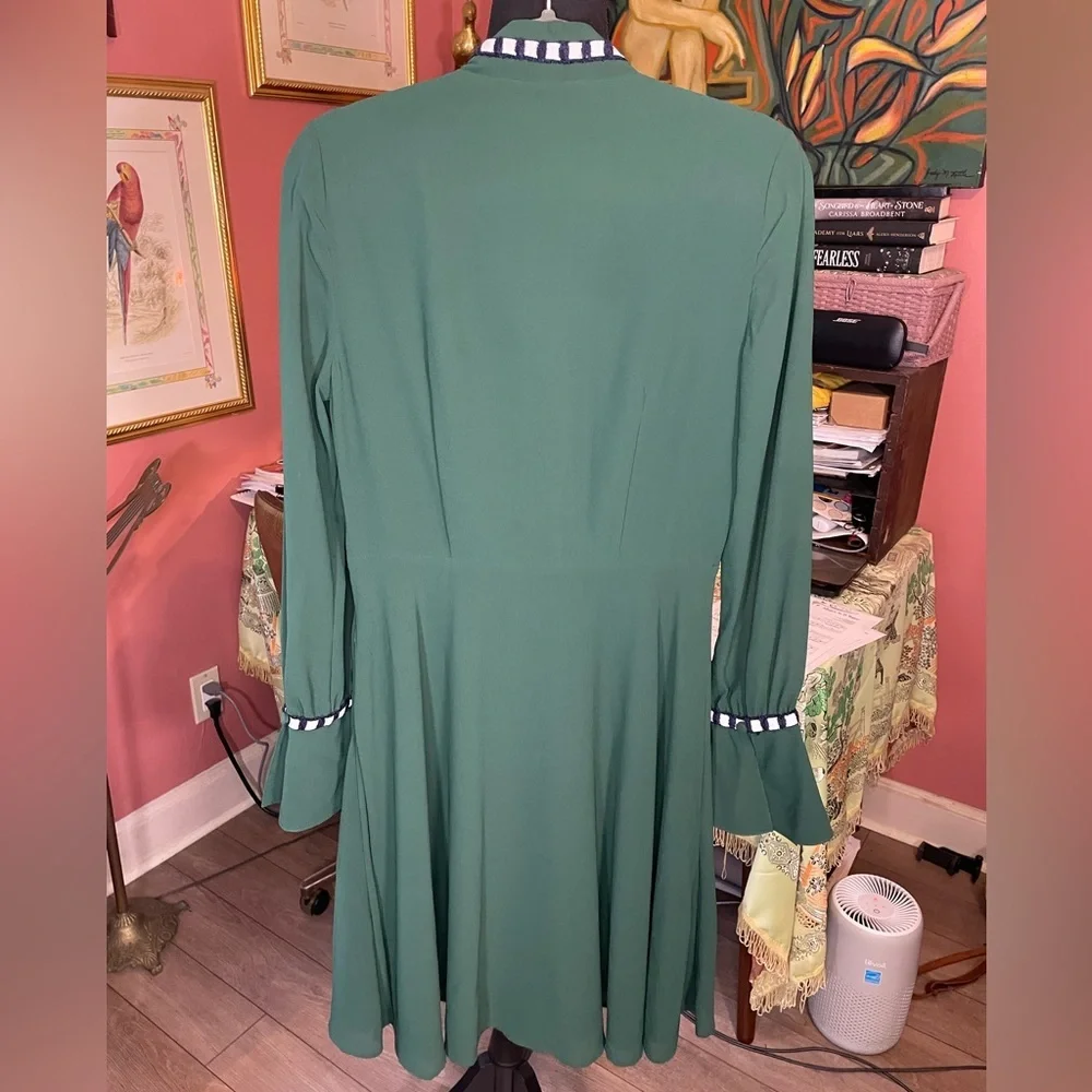 Abbey Glass forest green A Line Fit & Flare Dress long textured neck tie XS $300 - Picture 3 of 6